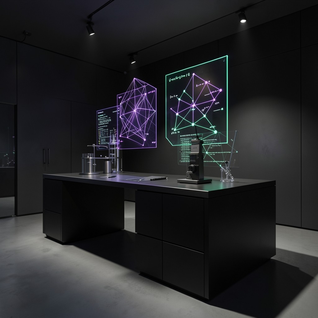 Educational research workstation with holographic diagrams